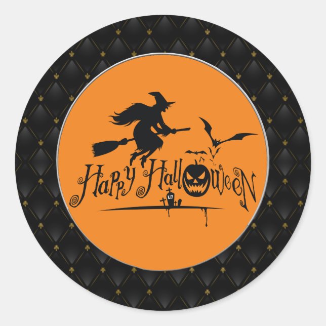 Sticker Rond Bordure Noire Joyeuse Sorcière Halloween Et chauve (Devant)