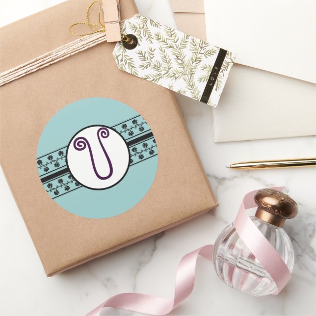 Sticker Rond Bordures Mariages Monogrammes Bleu (Cadeaux)