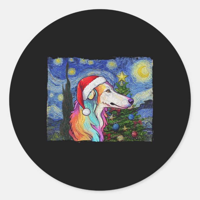 Sticker Rond Borzoi Santa Chapeau Noël Stress Night Chien Art P (Devant)