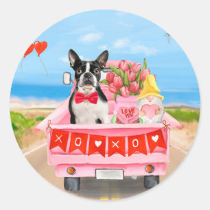 Sticker Rond Boston Terrier Chien Valentine's Day Truck Hearts