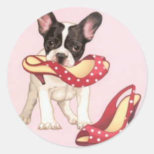 Sticker Rond Boston Terrier Chiot Avec Chaussures