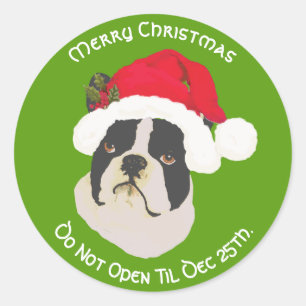 Sticker Rond Boston Terrier Joyeux Noël, n'ouvrez pas avant
