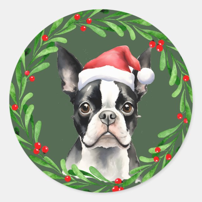 Sticker Rond Boston Terrier Noël Chien Chien Chien Chien Chien  (Devant)