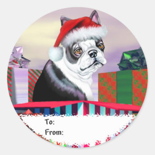 Sticker Rond Boston Terrier Noël Surprise Tags cadeaux