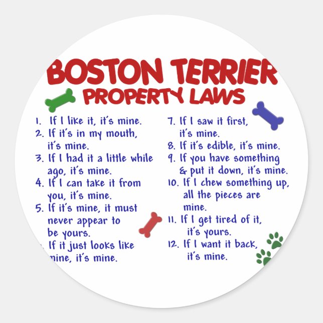 Sticker Rond Boston Terrier Propriété Lois 2 (Devant)