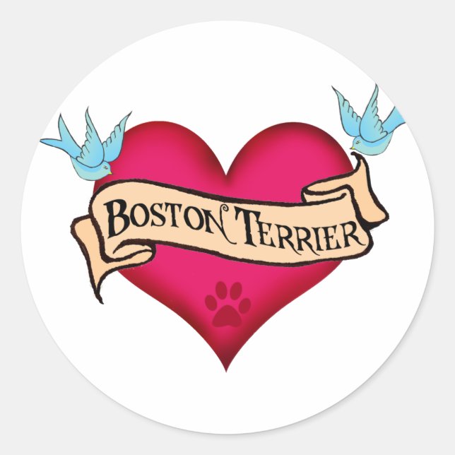 Sticker Rond Boston Terrier Tattoo Heart (Devant)