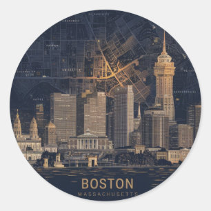 Sticker Rond Boston, vue panoramique de la ville avec carte