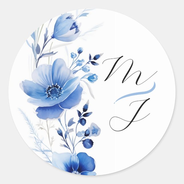 Sticker Rond Botanique Aquarelle Fleur Bleue  (Devant)