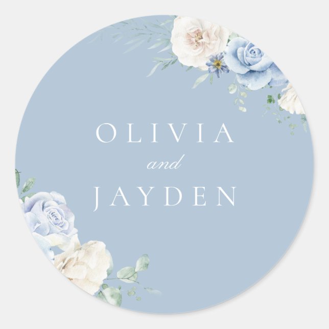 Sticker Rond Botanique Blanc & Ciel Bleu Mariage Floral (Devant)
