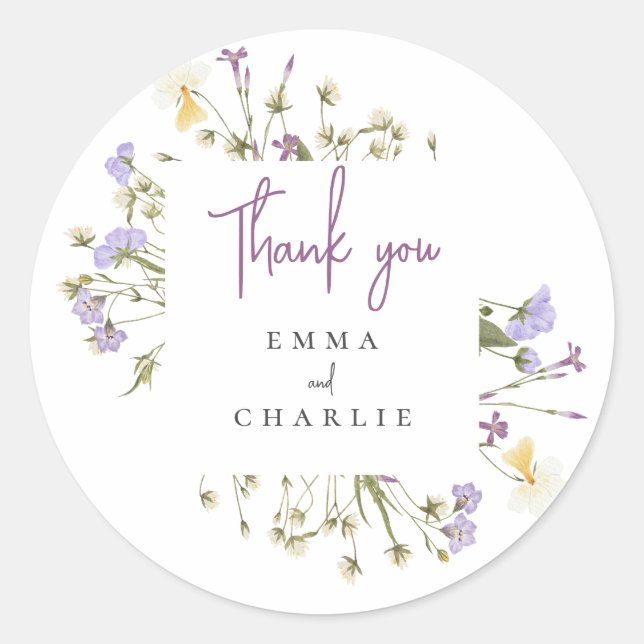 Sticker Rond Botanique Boho Fleur sauvage lilas Script mariage (Devant)