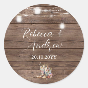 Sticker Rond Bottes de cowboy rustiques pour mariage avec guirl