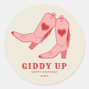 Sticker Rond Bottes de Cowgirl Rose Fonce Galop d'Anniversaire