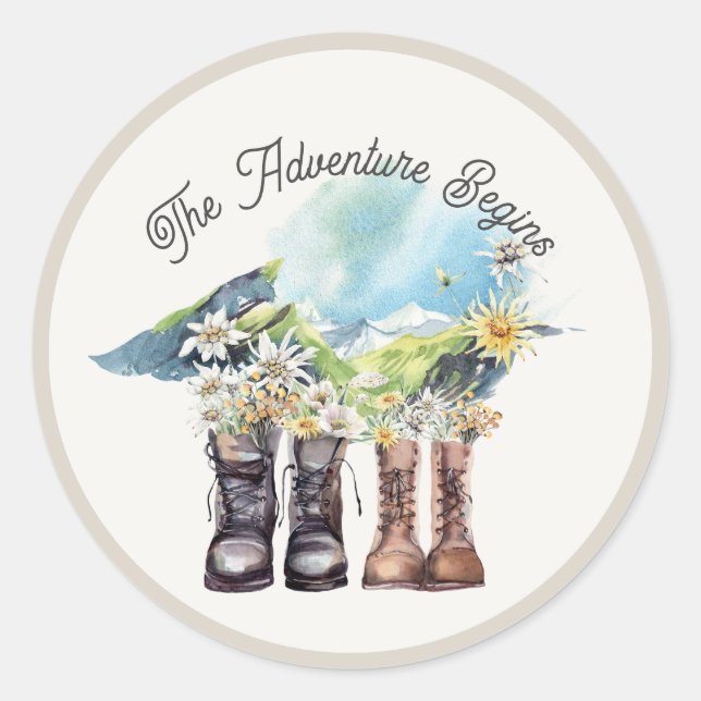 Sticker Rond Bottes de randonnée "L'aventure commence" (Devant)