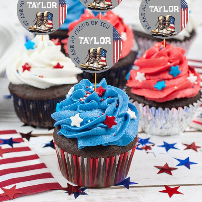 Sticker Rond Bottes militaires Drapeau GRAY Partir de la partie (Gray patriotic US flag combat boots proud personalized name army military party cupcake pick sticker)