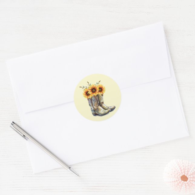 Sticker Rond Bottes rustiques Cowboy avec tournesol (Enveloppe)