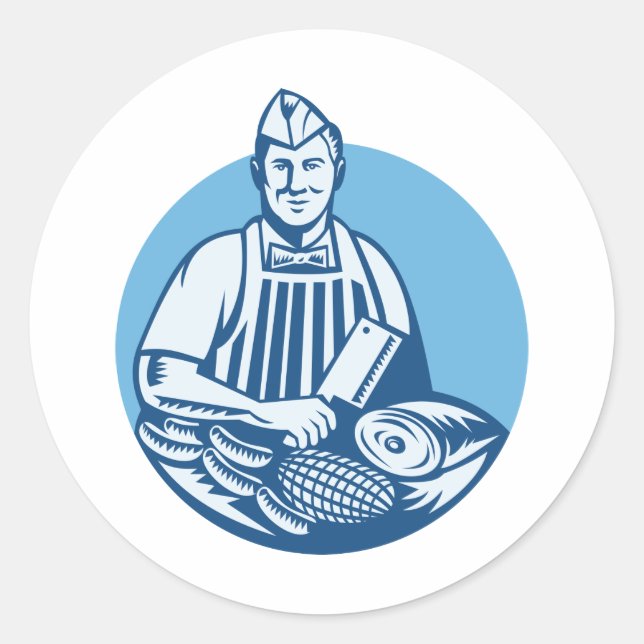 Sticker Rond Boucher Avec Viande Cleaver Coupes Retro (Devant)