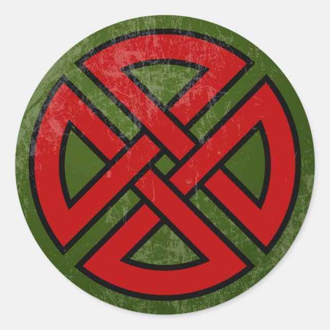 Sticker Rond Bouclier (Celtique, rouge et noir sur vert) (Devant)