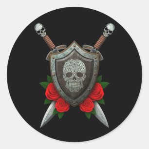 Sticker Rond Bouclier crânien et épées avec Rose