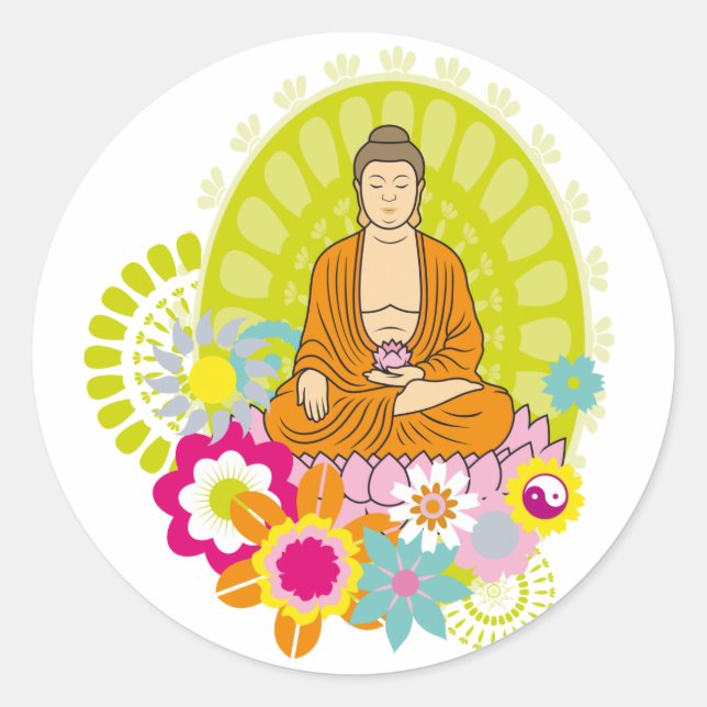Sticker Rond Bouddha dans les fleurs de printemps (Devant)