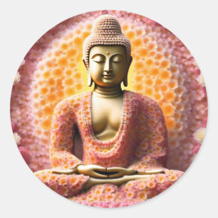 Sticker Rond Bouddha de fleurs roses méditant