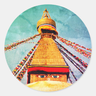 Sticker Rond Boudhanath Stupa, Bouddha Eyes, Himalaya, Népal