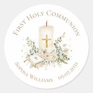 Sticker Rond Bougie Croix Bible Roses Première Sainte Communion