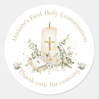 Sticker Rond Bougie Croix Bible Roses Première Sainte Communion