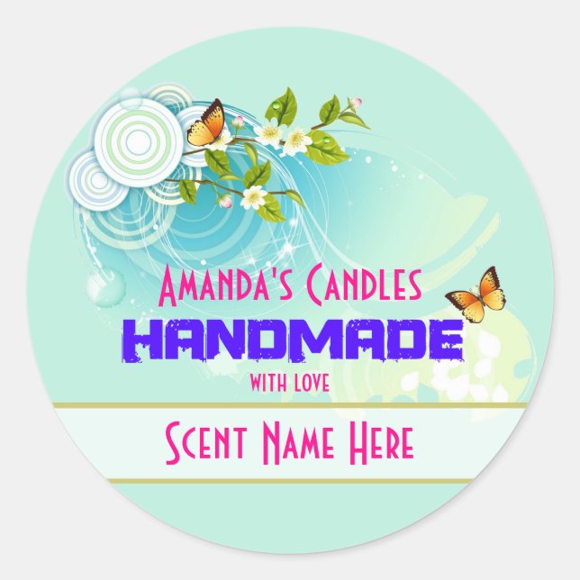 Sticker Rond Bougie des papillons et fleurs (Devant)