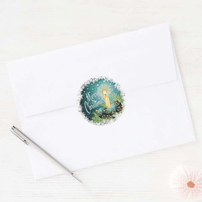 Sticker Rond Bougie jolie sur motif damassé bleu sarcelle vert (Enveloppe)