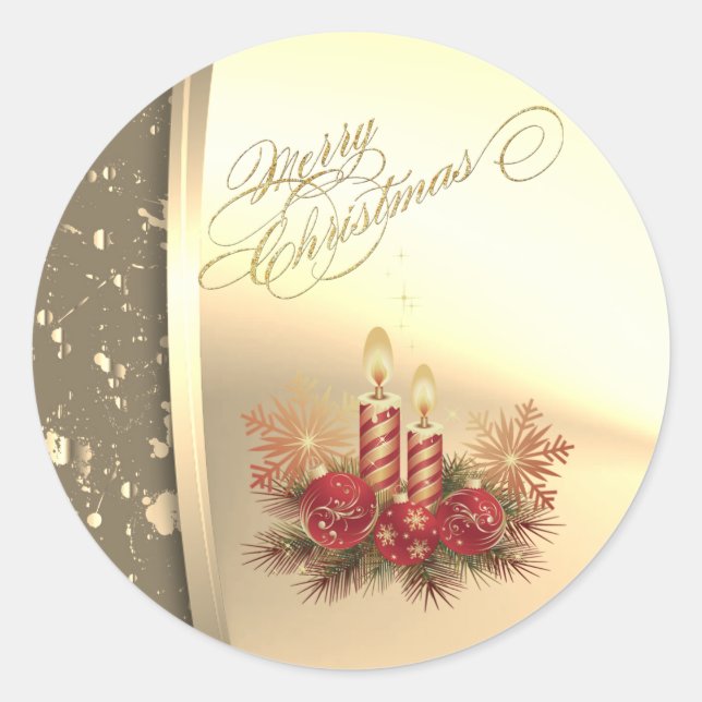 Sticker Rond Bougies de Noël branchées, boules, pins, Faux Gold (Devant)