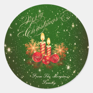 Sticker Rond Bougies de Noël Élégantes, Boules, Snowflakes
