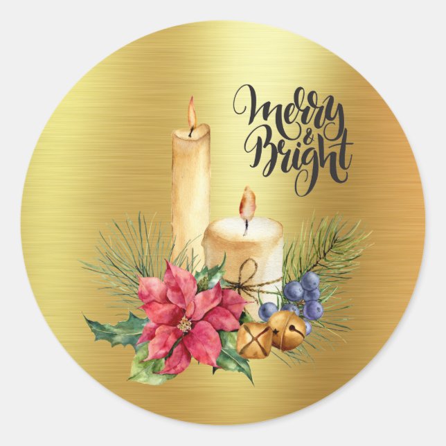 Sticker Rond Bougies et Poinsettias rustiques - Joyeux et lumin (Devant)