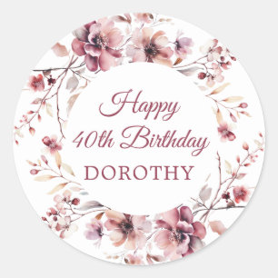 Sticker Rond Bougogne rose floral personnalisé 40e anniversaire