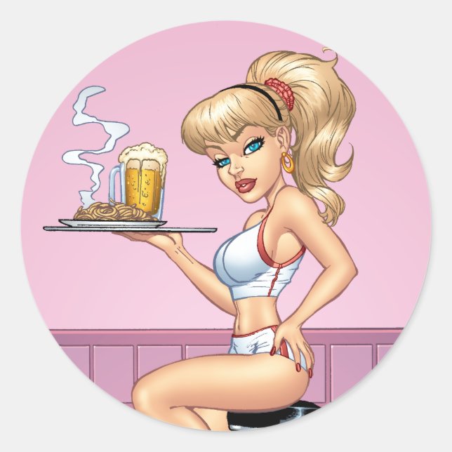 Sticker Rond Bouilloire blonde plaque de nourriture et de bière (Devant)