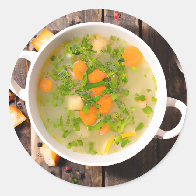Sticker Rond Bouillon de soupe de poulet et de légumes (Devant)