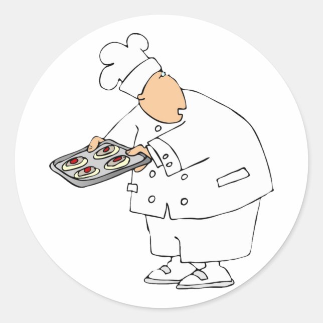 Sticker Rond Boulanger Chef de Dessin Animé Drôle avec Plateau  (Devant)