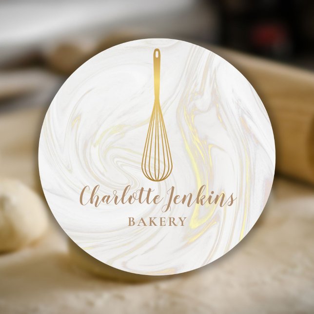 Sticker Rond Boulangerie de Whisk d'or Pâtisserie Fils de marbr (Gold Whisk Bakery Patisserie Marble Swirls Classic Round Sticker)
