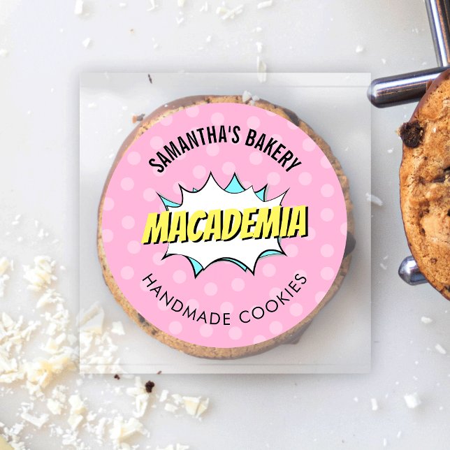 Sticker Rond Boulangerie rose nostalgique Retro Comic Pop Art (Colorful and fun bakery labels with cartoon design - great for cookies, cupcakes, cakes and more)