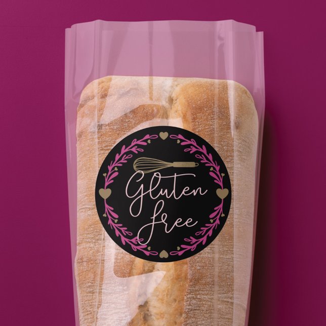 Sticker Rond Boulangerie sans gluten Whisk & Wreath noir & rose (Créateur téléchargé)