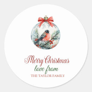 Sticker Rond Boule de Noël Baie de Houx Oiseau Cardinal Rouge