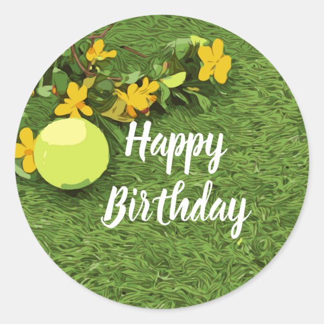 Sticker Rond Boule de tennis avec fleur jaune anniversaire (Devant)