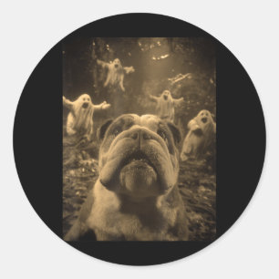 Sticker Rond Bouledogue britannique selfie fantômes forêt hanté