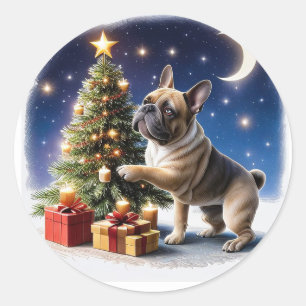 Sticker Rond Bouledogue français arbre de Noël Bouledogue