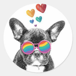 Sticker Rond Bouledogue français avec coeurs Saint-Valentin