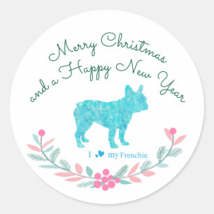 Sticker Rond Bouledogue Français Bleu Pastel Fêtes