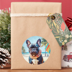 Sticker Rond Bouledogue français sur la plage, cadeau d'été pou