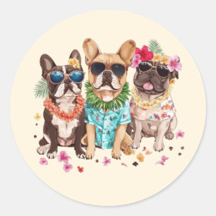 Sticker Rond Bouledogues français hawaïens collier de fleurs