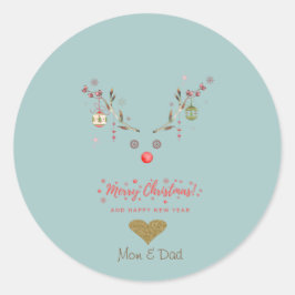 Sticker Rond Boules de Noël de rennes d'aquarelle Gold Heart