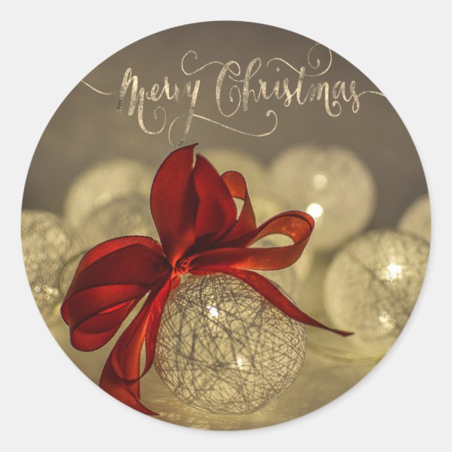 Sticker Rond Boules de Noël, Nœud Rouge, Guirlandes Lumineuses (Devant)