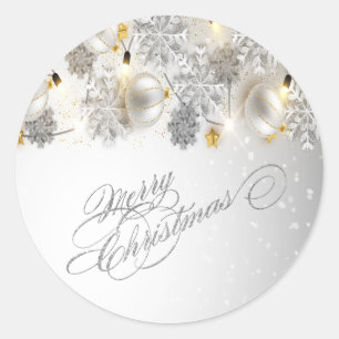 Sticker Rond Boules de Noël, Snowflakes, Lumières, Joyeux Noël